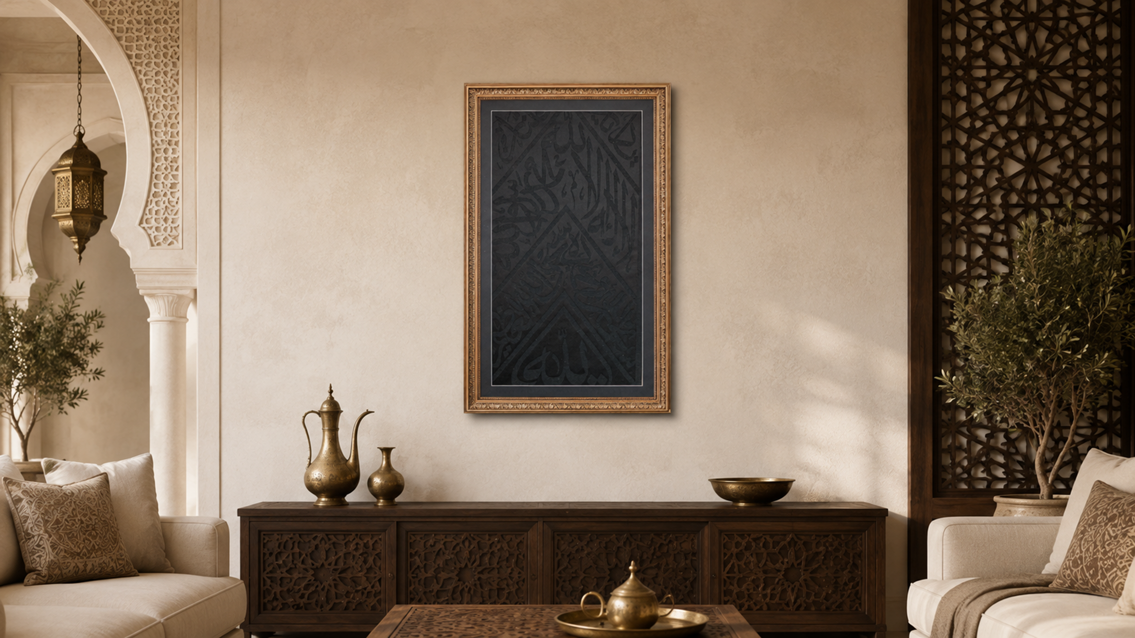 Certified Kaaba Cover Kiswah with Gold Framed - Certified Islamic Wall Art for Ramadan & Eid Gift
