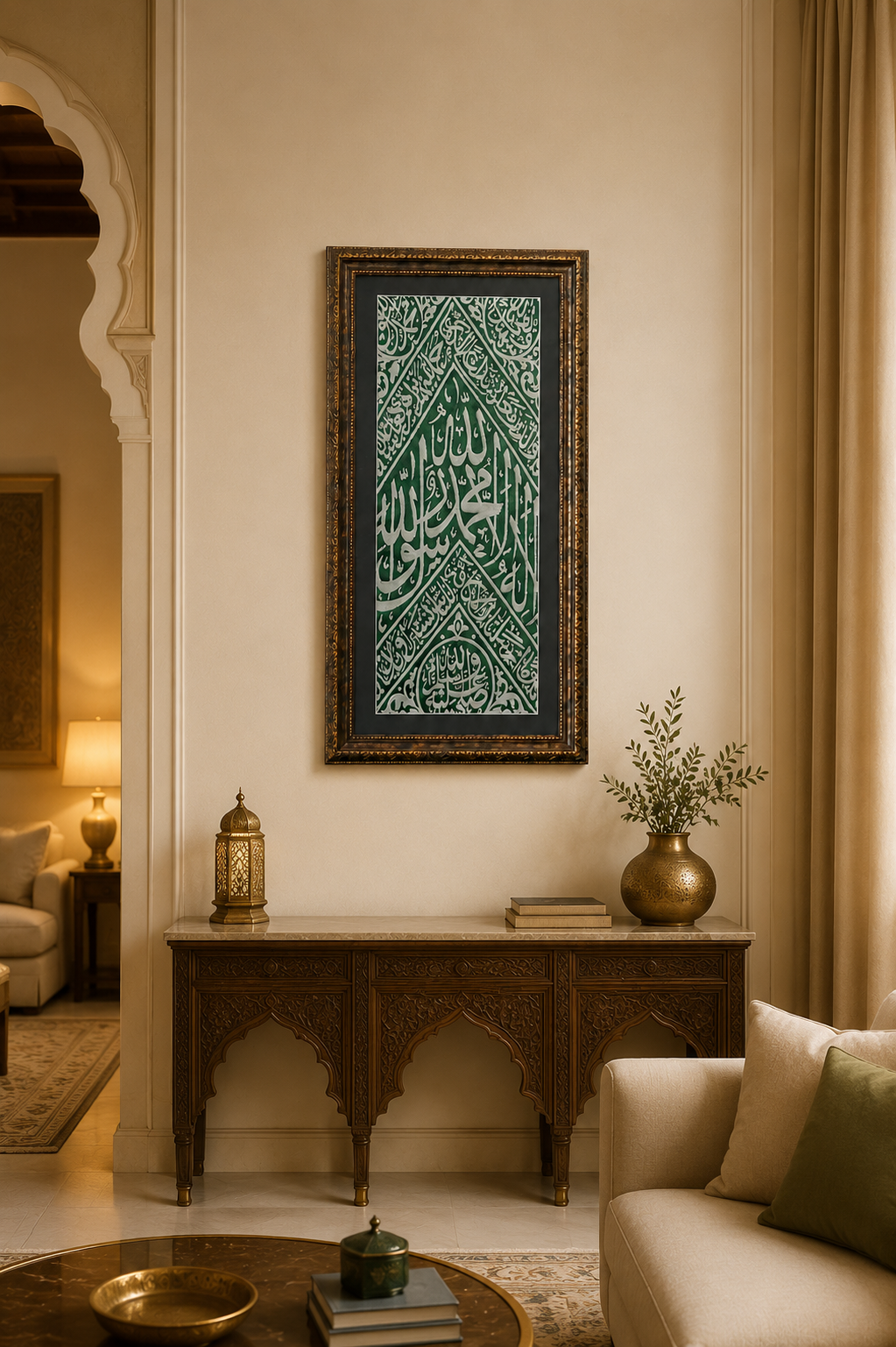 Rare Framed Prophet Muhammad Grave Cloth Fragment, Authentic Green Internal Tomb Cover Piece with Official Saudi Government Certificate, Luxury Islamic Wall Art