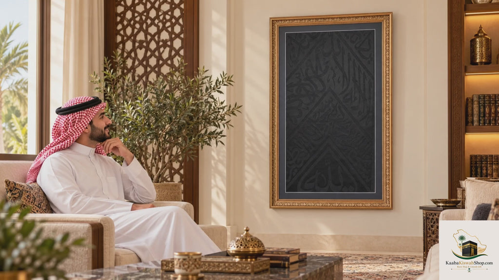 Certified Original Kaaba Cover Framed Islamic Wall Art - Authentic Kiswah Calligraphy (104x63 cm)